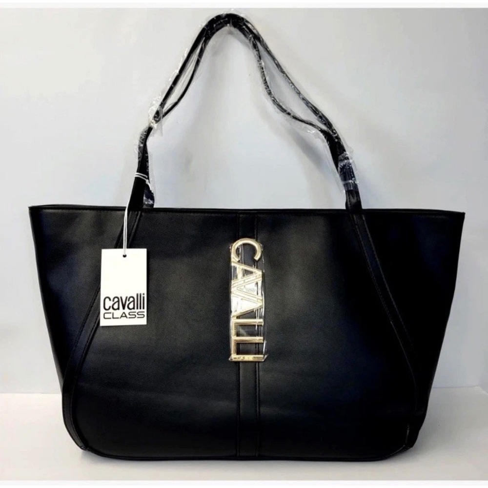 Cavalli Class Sandra Shopper Tote Bag Black Onyx Gold Logo CCS25614-BKOX NWT